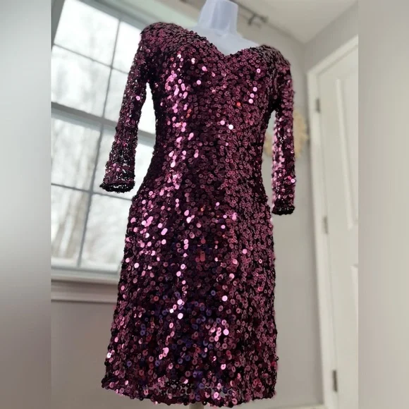 Nwt Scala Plum Pink Sequins Mesh Stretchy Bodycon Dress Size 4 - Picture 17 of 17